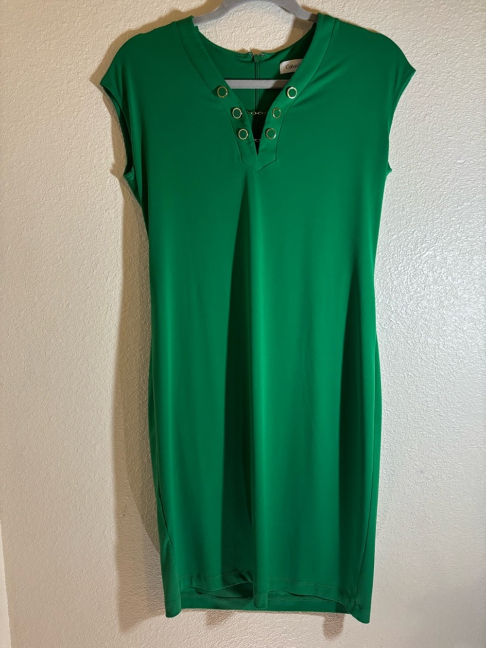 Calvin Klein Sleeveless Emerald Green Swing dress V-neck gold embellishments P4